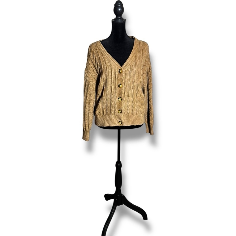 Cupcakes & Cashmere Tan Long Sleeve Button Down Cozy Cable Knit Cardigan - Picture 2 of 16
